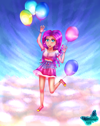 Size: 3200x4000 | Tagged: safe, artist:infinityprincessart, pinkie pie, human, g4, balloon, belt, clothes, female, high res, humanized, midriff, open mouth, raised leg, shoes, skirt, slippers, smiling, solo