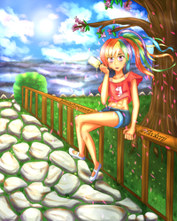 Size: 2000x2500 | Tagged: safe, artist:infinityprincessart, rainbow dash, human, g4, abs, clothes, crossed legs, dessert, female, high res, humanized, ice cream, looking at you, open mouth, shorts, sitting, smiling, solo