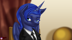 Size: 3840x2160 | Tagged: safe, artist:tsaritsaluna, princess luna, g4, alternate hairstyle, chair, clothes, curtains, high res, looking at you, necktie, suit