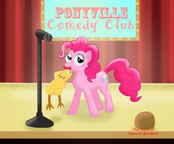 Size: 2483x2053 | Tagged: safe, artist:auburn-ink, artist:thesteveo, pinkie pie, earth pony, pony, g4, microphone, rubber chicken, solo, stage