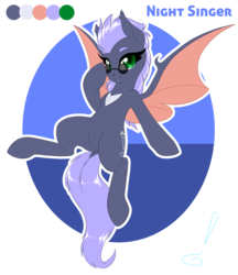 Size: 950x1099 | Tagged: safe, artist:silkensaddle, oc, oc only, oc:night singer, bat pony, pony, eyelashes, glasses, heterochromia, reference sheet, solo