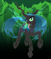 Size: 950x1101 | Tagged: safe, artist:silkensaddle, queen chrysalis, changeling, changeling queen, g4, cat eyes, cheeselegs, crown, eyelashes, fangs, female, jewelry, looking at you, regalia, solo, tongue out, watermark