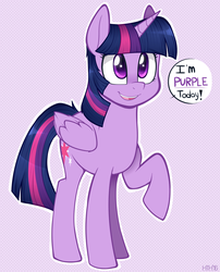 Size: 1000x1239 | Tagged: safe, artist:higglytownhero, twilight sparkle, alicorn, pony, g4, captain obvious, cute, dialogue, female, mare, open mouth, purple, purple smart, raised hoof, smiling, solo, twiabetes, twilight sparkle (alicorn)