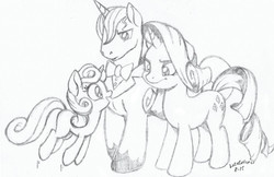 Size: 1024x662 | Tagged: safe, artist:capnchryssalid, artist:latecustomer, prince blueblood, rarity, sweetie belle, g4, female, male, pencil drawing, ship:rariblood, shipping, straight, traditional art