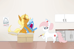 Size: 1200x800 | Tagged: safe, artist:dragonpone, derpibooru exclusive, idw, nurse redheart, sunflower spectacle, trixie, earth pony, pony, unicorn, g4, spoiler:comic, spoiler:comic40, :t, adorable distress, animated, chest fluff, cute, diatrixes, doctor's office, ear fluff, eye chart, eyes closed, faic, fear, featured image, female, filly, filly trixie, flailing, fluffy, frown, holding, hoof hold, lidded eyes, mare, mary poppins, needle, needle phobia, open mouth, running, running in place, scared, screaming, scrunchy face, squirming, supercalifragilisticexpialidocious, syringe, tail, tail pull, trio, trypanophobia, unamused, wide eyes, younger