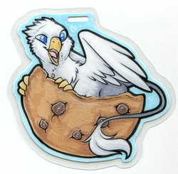 Size: 800x785 | Tagged: safe, artist:onnanoko, oc, oc only, oc:der, griffon, badge, con badge, cookie, food, micro, solo, that griffon sure "der"s love cookies