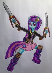 Size: 1763x2457 | Tagged: safe, artist:bozzerkazooers, sunny flare, equestria girls, g4, female, katar, ponied up, solo, traditional art, weapon
