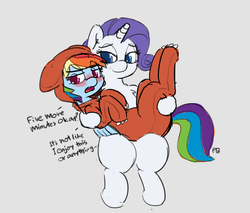 Size: 1280x1092 | Tagged: safe, artist:pabbley, rainbow dash, rarity, pony, g4, 30 minute art challenge, bear suit, blushing, clothes, costume, dialogue, female, kigurumi, lesbian, mare, open mouth, ship:raridash, shipping, simple background, tsunderainbow, tsundere