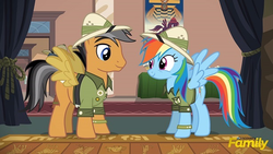 Size: 615x346 | Tagged: safe, screencap, daring do, quibble pants, rainbow dash, earth pony, pegasus, pony, g4, stranger than fan fiction, clothes, cosplay, costume, discovery family logo, duo, fake wings, female, male, mare, stallion