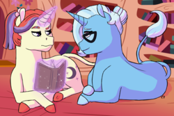 Size: 1024x686 | Tagged: safe, artist:wolfcrestsox5x, moondancer, trixie, pony, unicorn, g4, accessory swap, book, female, glasses, lesbian, mare, ship:trickdancer, shipping