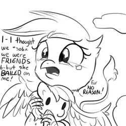 Size: 792x792 | Tagged: safe, artist:tjpones, gilda, griffon, g4, griffon the brush off, crying, dialogue, female, frown, hug, monochrome, open mouth, plushie, rainbow dash plushie, sad, simple background, solo, spread wings, white background, woobie