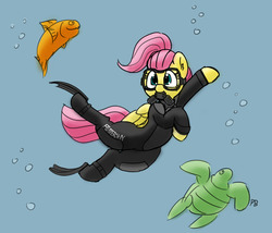 Size: 1280x1095 | Tagged: safe, artist:pabbley, fluttershy, fish, pegasus, pony, turtle, g4, 30 minute art challenge, diving, female, flippers, flippers (gear), goggles, ponytail, rebreather, simple background, solo, swim mask, underwater, watershy, wetsuit