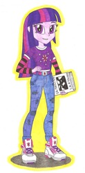 Size: 1024x2085 | Tagged: safe, artist:metaldudepl666, part of a set, twilight sparkle, equestria girls, g4, alternate clothes, belt, book, clothes, jeans, looking at you, pants, silmarillion, sneakers, tolkien, traditional art