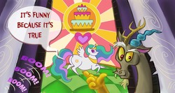 Size: 1173x623 | Tagged: safe, artist:arimovergremrider, discord, princess celestia, g4, butt, cake, cakelestia, chubbylestia, discord being discord, fat, food, implied princess celestia, plot, stained glass, sunbutt, this will end in tears and/or a journey to the moon