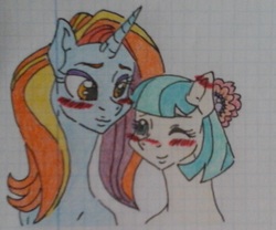 Size: 1039x863 | Tagged: safe, artist:tejedora, coco pommel, sassy saddles, earth pony, pony, g4, blushing, cocosaddles, female, graph paper, lesbian, lined paper, mare, shipping, traditional art