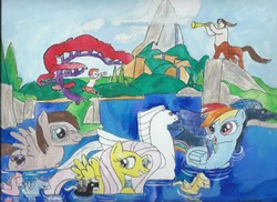 Size: 2338x1700 | Tagged: safe, artist:merrittwilson, fluttershy, rainbow dash, duck pony, g4, crossover, disney, fantasia, male, pastoral symphony, swimming, water