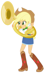 Size: 2600x4404 | Tagged: safe, artist:discorded-joker, applejack, equestria girls, g4, blowing, boots, clothes, cowboy boots, cowboy hat, cowgirl, denim skirt, facing the wrong way, female, hat, musical instrument, playing, playing instrument, shoes, simple background, skirt, solo, sousaphone, stetson, transparent background, tuba, vector