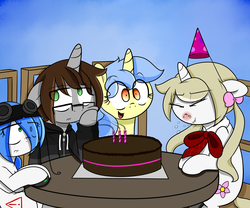 Size: 2400x2000 | Tagged: safe, artist:fullmetalpikmin, oc, oc only, oc:cherry blossom, oc:drawing ink, oc:mal, oc:viewing pleasure, earth pony, pony, unicorn, birthday, birthday cake, bow, cake, clothes, congenital amputee, food, glasses, goggles, hair bow, hat, high res, hoodie, red nosed, sneezing