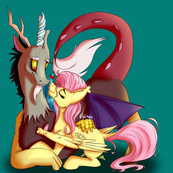 Size: 3000x3000 | Tagged: safe, artist:pixelheartart, discord, fluttershy, g4, female, heart, high res, male, ship:discoshy, shipping, signature, straight