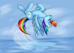 Size: 1024x739 | Tagged: safe, artist:chloeprice228, rainbow dash, g4, cute, eyes closed, female, flying, smiling, solo, somersault, spread wings, upside down, water