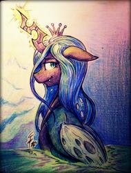 Size: 2700x3546 | Tagged: safe, artist:tamikimaru, queen chrysalis, changeling, changeling queen, g4, crown, female, glowing, glowing horn, high res, horn, jewelry, magic, regalia, smiling, solo, traditional art
