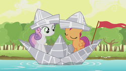 Size: 1600x900 | Tagged: safe, screencap, scootaloo, sweetie belle, pegasus, pony, unicorn, g4, ponyville confidential, cute, duo, eyes closed, female, filly, flag, foal, folded wings, hat, paper boat, paper hat, smiling, teeth, water, wings