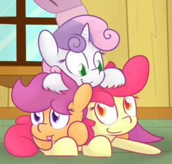 Size: 1071x1021 | Tagged: safe, artist:mr-degration, apple bloom, scootaloo, sweetie belle, earth pony, pegasus, pony, unicorn, g4, :p, adorabloom, clubhouse, crusaders clubhouse, cute, cutealoo, cutie mark crusaders, diasweetes, female, filly, foal, pony pile, smiling, tongue out