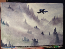 Size: 1136x852 | Tagged: safe, artist:whale, princess luna, pony, g4, female, flying, mountain, scenery, solo, traditional art, tree, watercolor painting
