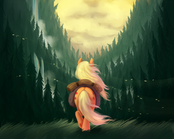 Size: 1250x1000 | Tagged: safe, artist:bugiling, applejack, earth pony, pony, g4, applebutt, both cutie marks, butt, female, forest, grass, hat, hatless, looking away, mare, missing accessory, plot, rainbow waterfall, saddle bag, scenery, solo, tree, waterfall, windswept mane