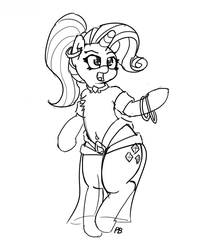 Size: 1280x1625 | Tagged: safe, artist:pabbley, rarity, genie, pony, g4, 30 minute art challenge, alternate hairstyle, belly button, belly dancer, belly piercing, bellyring, bipedal, bracelet, chest fluff, ear piercing, earring, female, jewelry, lineart, monochrome, necklace, piercing, ponytail, shantae, solo, waistband