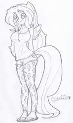 Size: 562x948 | Tagged: safe, artist:comet0ne, fluttershy, anthro, plantigrade anthro, g4, big breasts, breasts, busty fluttershy, cleavage, clothes, female, flip-flops, heart eyes, leggings, pencil drawing, sandals, shorts, solo, traditional art, wingding eyes