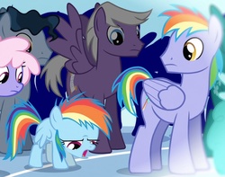 Size: 1228x970 | Tagged: safe, screencap, rainbow blaze, rainbow dash, rainbowshine, spring melody, sprinkle medley, pegasus, pony, g4, games ponies play, background pony, cropped, female, filly, filly rainbow dash, flashback, foal, frown, male, mare, sad, spread wings, stallion, younger
