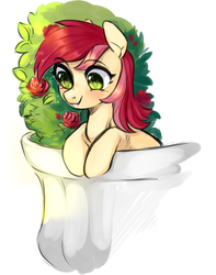 Size: 1029x1308 | Tagged: safe, artist:catzino, roseluck, earth pony, pony, g4, balcony, cute, female, flower, mare, rose, rose bush, simple background, smiling, solo, white background