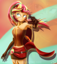 Size: 1331x1500 | Tagged: safe, artist:crunchtherobot, sunset shimmer, human, equestria girls, g4, armpits, belt, clothes, jewelry, midriff, miniskirt, ponytail, pyrrha nikos, rwby, skirt, socks, thigh boots, thigh highs, zettai ryouiki