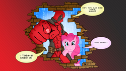 Size: 3840x2160 | Tagged: safe, artist:poisonrogue, pinkie pie, g4, brick wall, crossover, deadpool, fourth wall, fourth wall destruction, pointing