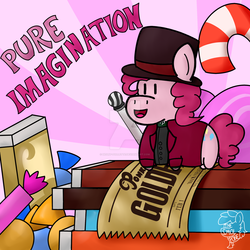 Size: 1280x1280 | Tagged: safe, artist:heartpallete, pinkie pie, earth pony, pony, g4, candy, charlie and the chocolate factory, chocolate, crossover, female, food, golden ticket, pure imagination, roald dahl, smolpone, solo, willy wonka, willy wonka and the chocolate factory