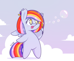 Size: 1248x1024 | Tagged: safe, artist:dsp2003, oc, oc only, oc:dolly flash, pegasus, pony, bipedal, chibi, cloud, female, open mouth, soap bubble, solo, style emulation