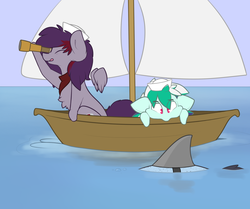 Size: 1280x1069 | Tagged: dead source, safe, artist:nom-sympony, oc, oc:pepci, oc:pepper dust, oc:spearmint, pegasus, pony, shark, boat, tongue out