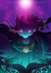 Size: 2700x3900 | Tagged: safe, artist:equestria-prevails, twilight sparkle, alicorn, pony, g4, book, female, glowing, glowing eyes, high res, looking at you, magic, solo, twilight sparkle (alicorn)