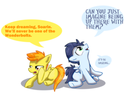 Size: 1890x1417 | Tagged: safe, artist:sharkayartist, soarin', spitfire, pony, g4, blank flank, colt, dialogue, duo, filly, simple background, transparent background, younger
