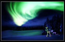 Size: 3373x2156 | Tagged: safe, artist:lova-gardelius, princess celestia, alicorn, pony, g4, aurora borealis, candle, female, folded wings, forest, looking at something, looking up, mare, night, outdoors, saint lucy, saint lucy's day, snow, solo, tree, wings, wreath
