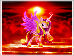 Size: 1344x1008 | Tagged: safe, artist:lova-gardelius, princess cadance, pony, g4, armor, badass, female, heart, raised hoof, solo, spread wings, sun