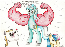 Size: 3395x2458 | Tagged: safe, artist:suzie-chan, bon bon, bulk biceps, lyra heartstrings, sweetie drops, earth pony, pony, g4, anchor arms, bon bon is not amused, female, musclebob buffpants, muscles, muscular female, parody, spongebob squarepants, trio, vein