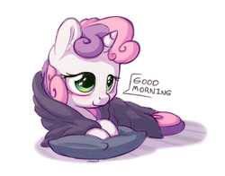 Size: 1400x1100 | Tagged: safe, artist:bobdude0, sweetie belle, pony, unicorn, g4, bags under eyes, blanket, cute, dialogue, diasweetes, female, filly, morning ponies, pillow, sleepy, solo, sweet dreams fuel, tired