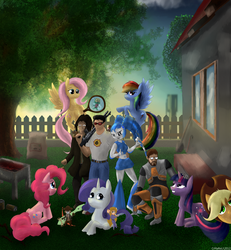 Size: 2000x2160 | Tagged: safe, artist:crmareli, artist:xjrobot, applejack, fluttershy, pinkie pie, rainbow dash, rarity, twilight sparkle, human, pony, g4, amnesia: the dark descent, chip, chip and dale rescue rangers, dale, daniel of mayfair, gadget hackwrench, gordon freeman, half-life, jenny wakeman, monterey jack, my life as a teenage robot, sam "serious" stone, serious sam, wat, zipper (chip and dale rescue rangers)