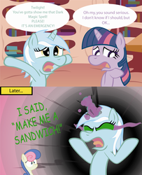 Size: 3336x4104 | Tagged: safe, artist:t-3000, bon bon, lyra heartstrings, sweetie drops, twilight sparkle, earth pony, pony, g4, the crystal empire, comic, dark magic, magic, sombra eyes, this will end in tears