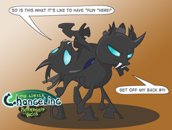 Size: 2533x1915 | Tagged: safe, artist:necrath, changeling, fanfic:my little changeling: friendship is weird, fanfic art, female, my little x, song in the comments, speech bubble