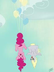 Size: 1500x2000 | Tagged: safe, artist:starfox365, derpy hooves, pinkie pie, pegasus, pony, g4, balloon, featureless crotch, female, hung upside down, mare, then watch her balloons lift her up to the sky, upside down