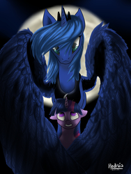 Size: 3000x4000 | Tagged: safe, artist:redvais, artist:redvaisandandre, princess luna, twilight sparkle, g4, floppy ears, gritted teeth, large wings, looking up, moon, s1 luna