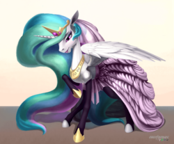 Size: 1280x1060 | Tagged: safe, artist:oneofyouare, princess celestia, g4, clothes, dress, female, lipstick, solo, spread wings, stockings